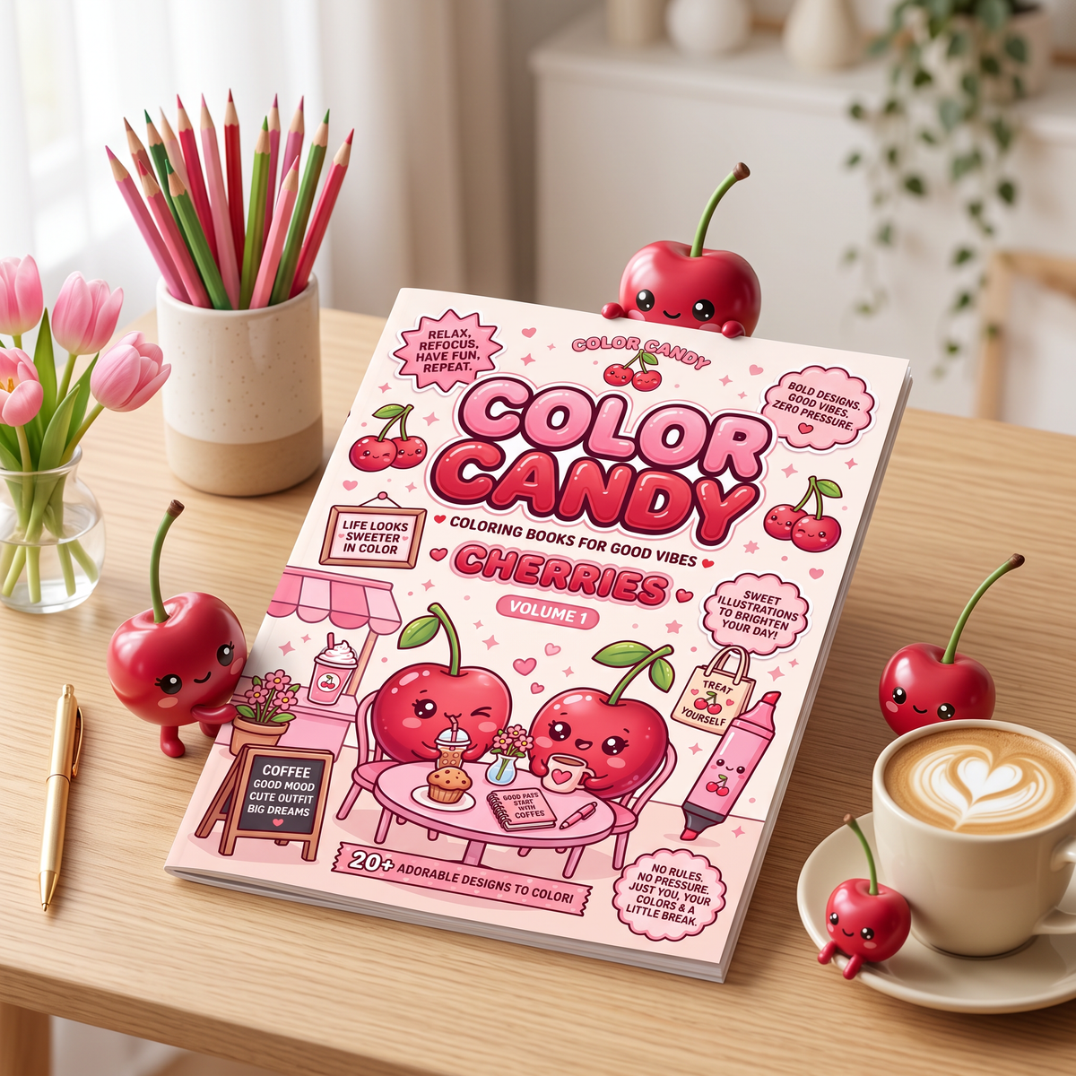 Color Candy Cherries Volume 1 slim coloring book styled on a desk with cherry character figurines, colored pencils and a latte