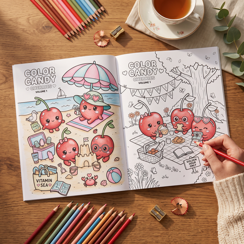 Color Candy Cherries coloring book open to a beach page fully colored with colored pencils and a picnic page being colored